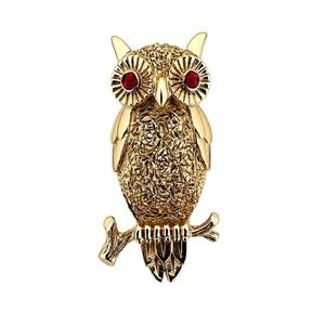 Vintage Crown Trifari Gold Tone Owl Brooch Signed Figural Pin Red Eyes 1960s
